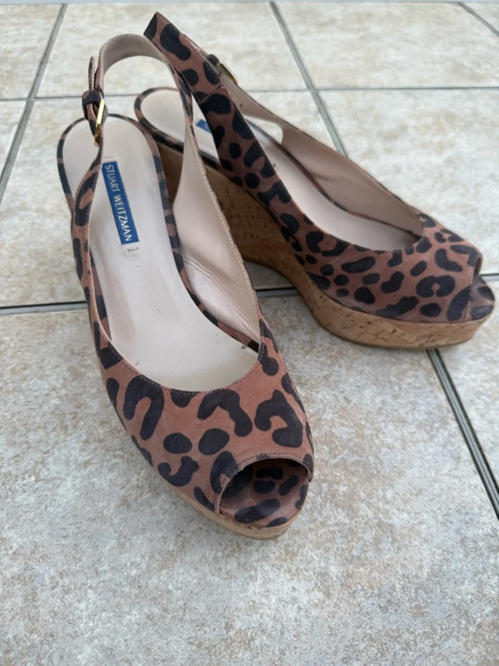Stuart Weitzman Leopard Print Brown Cork Wedge Slingbacks - Picture 10 of 15